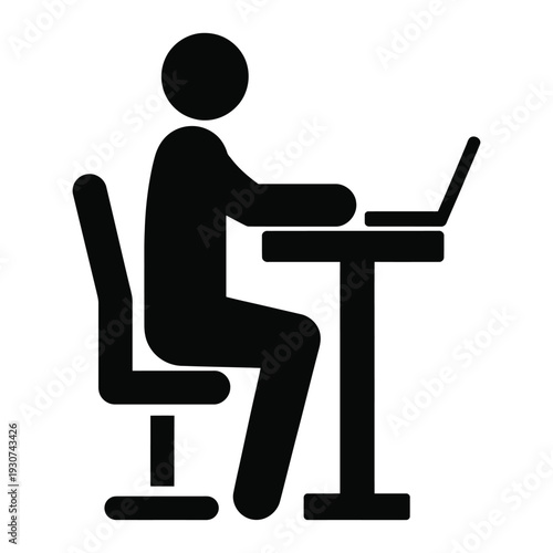 Business professional working on laptop at desk sitting on chair silhouette icon representing office work or remote freelance