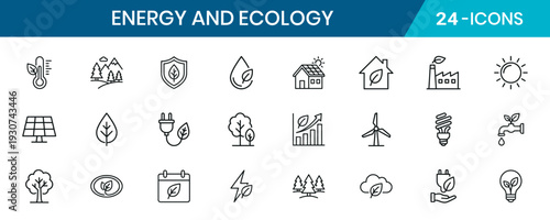 Energy And Ecology Thin Line Icon Set Consistent Thin Stroke Width Clean Vector Black Color White Background