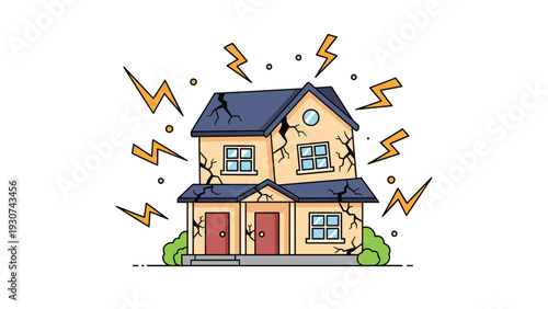 Natural disaster and property damage concept showing a cracked house surrounded by lightning symbols representing an earthquake or storm.
