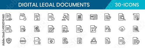 Legal Document Thin Line Icon Set Modern Outline Style Clean Geometric Grid System Pixel Perfect Alignment Black Color Background