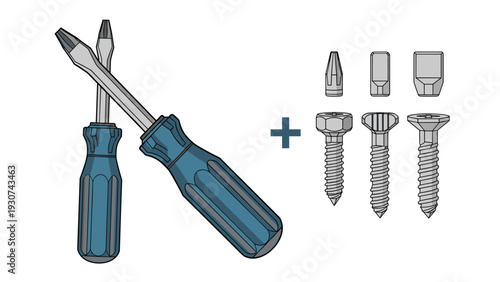 Collection of essential handyman tools featuring two screwdrivers with blue handles and various types of screws for home repair and diy.