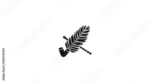 A monochrome illustration of a smoking pipe, feather, and bamboo-like writing utensil