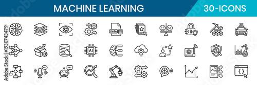 Machine Learning Thin Line Icon Set Modern Outline Style Clean Geometric Grid Pixel Perfect Alignment Black Color Background