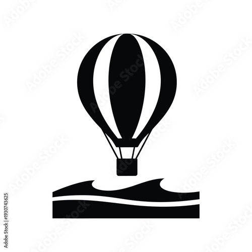 Hot air balloon silhouette vector over water isolated black and white minimal design