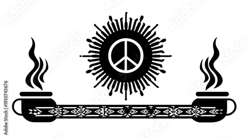 A stylized image featuring a peace sign in a sunburst, with steaming cups connected by a pattern