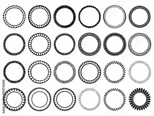 A collection of various circular gear designs displayed in a neat patterned arrangement on white