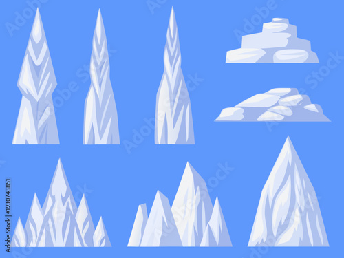 Stylized ice formations and rocky outcrops against a vibrant blue background illustration