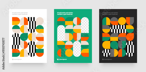 Layout with mosaic circles. Abstract bauhaus with geometric shapes. Template for flyer, poster or booklet. 