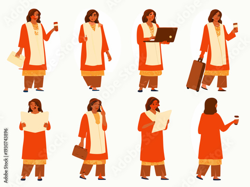 Indian woman in traditional attire performing various activities illustrated in a vector style