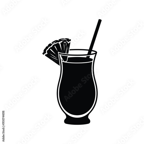 Tropical cocktail drink silhouette vector with straw and pineapple slice isolated on white