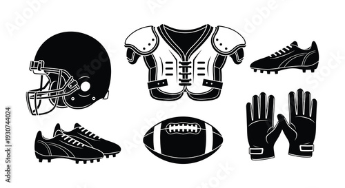 A black and white arrangement of american football equipment including a helmet pads and ball silhouette high quality professional detailed