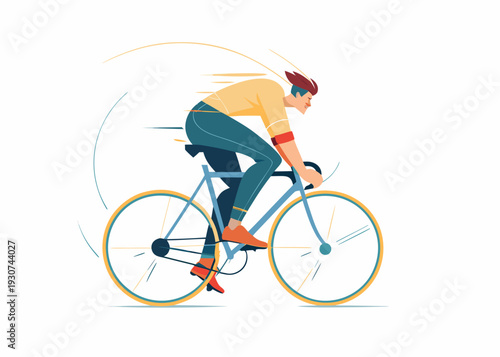 Stylized illustration of a male cyclist riding a vintage bicycle with speed lines indicating movement