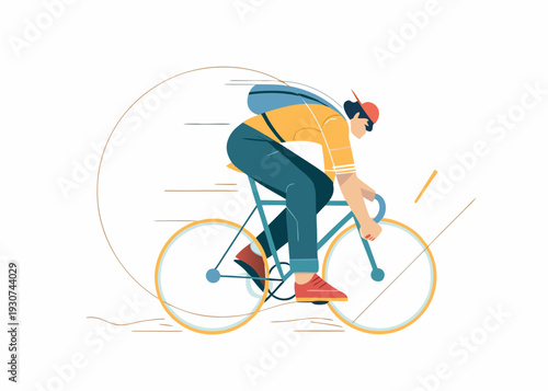A man riding a bicycle quickly depicted in a flat stylized illustration with motion lines