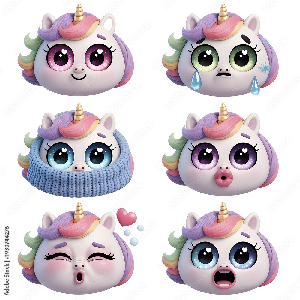 Fototapeta premium A high-quality animated cartoon unicorn emoji set