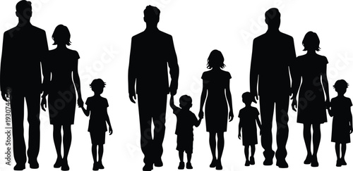 Family silhouettes walking together adults children holding hands group unity parenting lifestyle love togetherness diversity illustration design concept flat vector