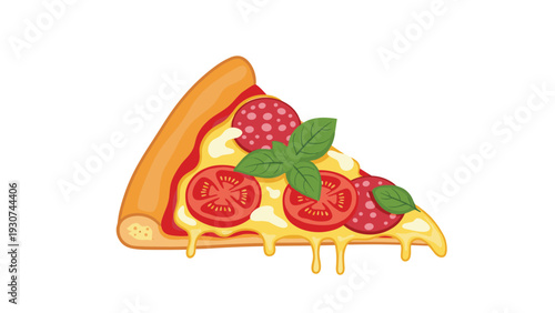 Delicious looking slice of pepperoni pizza features melted cheese, fresh tomato slices, and green basil leaves.