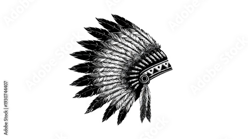 A detailed monochrome illustration of a Native American headdress, featuring feathers and intricate details