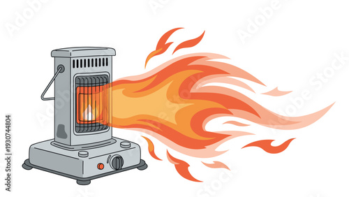 Portable electric space heater is shown with a large orange flame emerging from it to symbolize warmth or danger.