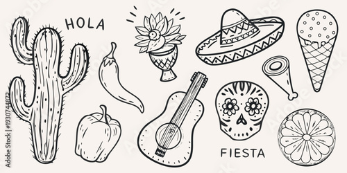 A collection of hand drawn mexican themed illustrations in black and white
