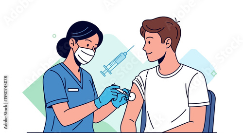 A nurse in blue scrubs and a mask administers a vaccine injection to a smiling young man in a white t-shirt.
