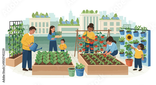 A diverse group of people, including adults and children, tending to a vibrant urban rooftop garden filled with fresh produce.