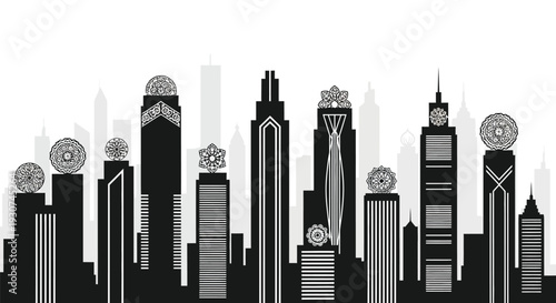 City skyline, urban landscape, black and white illustration, skyscrapers, cityscape