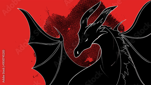 A black dragon with wings spread on red background