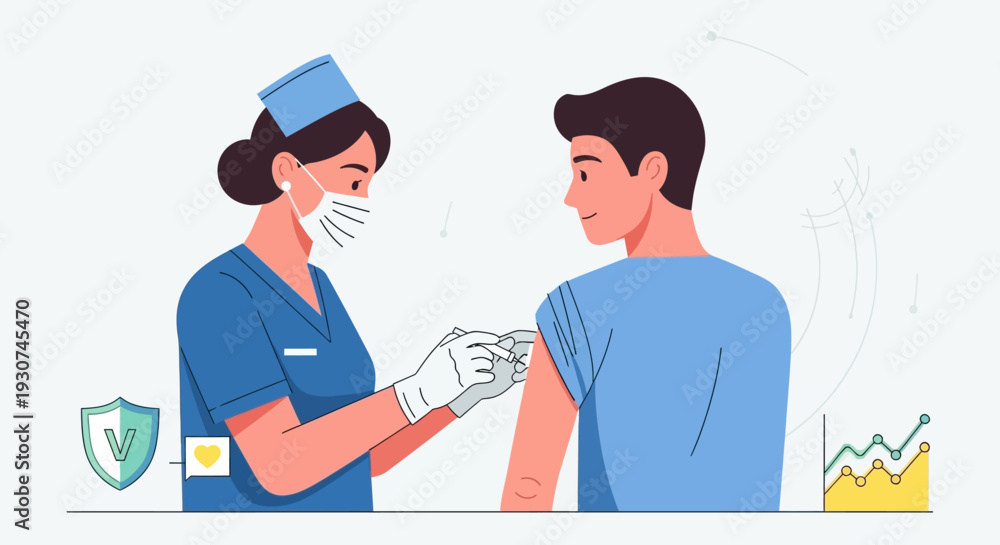 Fototapeta premium A nurse in a medical mask and uniform administers a vaccine injection to a man's arm, symbolizing health protection and medical care.