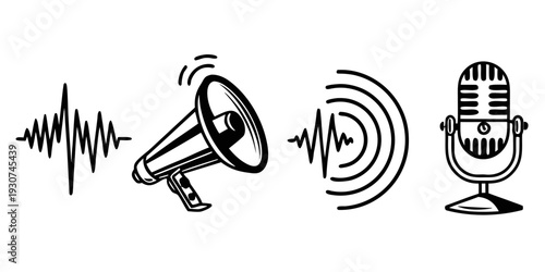 Illustration of various audio equipment and sound waves in black and white