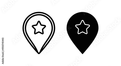 Geolocation pin with star icon in outline and solid black, marking a favorite location