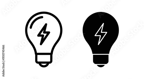 Light bulb with lightning bolt icon, symbolizing ideas, inspiration, and energy. Available in outline and solid fill.