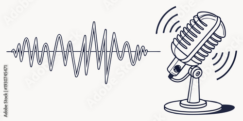 A vintage microphone with sound waves emanating from it, illustrating audio recording