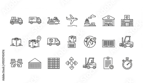 Modern logistics line icons set with shipping delivery freight and supply chain editable vector collection