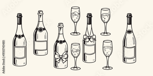 Arrangement of champagne bottles and glasses in a simple line art style