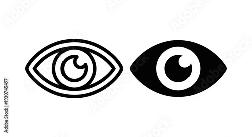 Stylized eye symbol in outline and solid fill, representing vision, sight, observation, and awareness. Icon graphic.