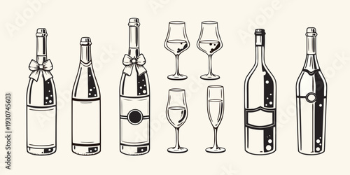 An assortment of champagne bottles and glasses in a sketch style
