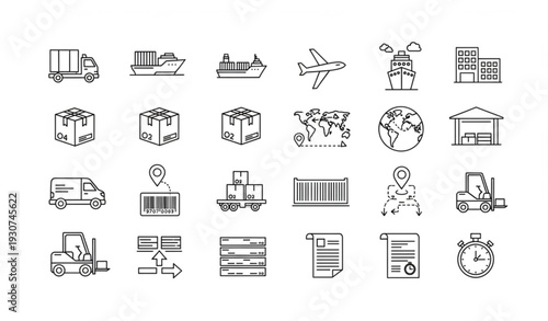 Modern logistics line icons set with shipping delivery freight and supply chain editable vector collection
