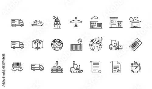 Modern logistics line icons set with shipping delivery freight and supply chain editable vector collection