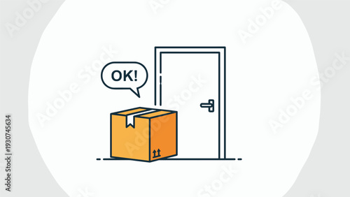 Cardboard delivery box sits on the ground in front of a closed white door with an okay speech bubble overhead.