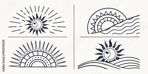 Four artistic depictions of the sun rising over a horizon