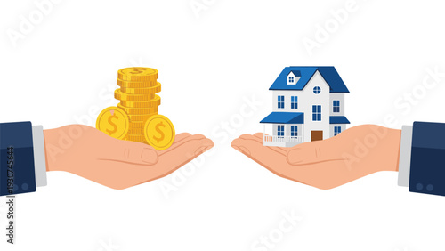 Hands of two business professionals exchange a tall stack of gold coins for a miniature blue and white house model.