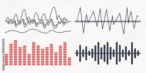 A visual representation of various sound waves and audio signals in different formats