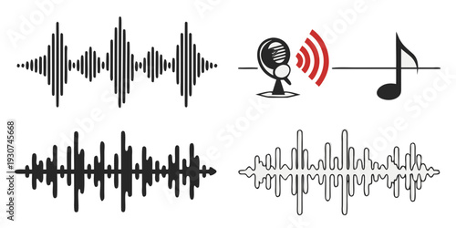 Illustration of sound waves, a speaker, and a musical note