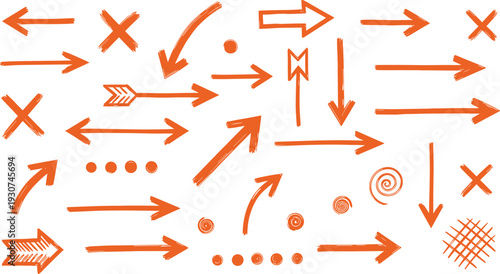 Hand-Drawn Orange Marker and Annotation Symbol Set Featuring Sketchy Directional Pointers Cross Marks and High-Visibility Dotted Indicators for Creative Design