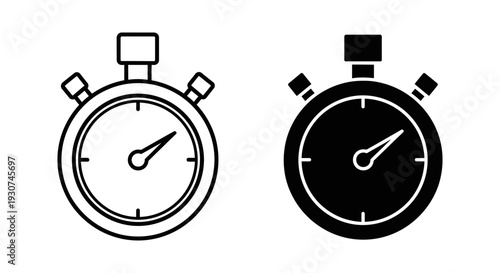 Stopwatch icon in outline and solid black styles for measuring time and performance tracking