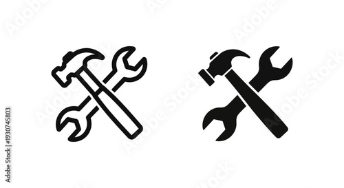 Hammer and wrench crossed tools icon in outline and solid black, representing repair and construction