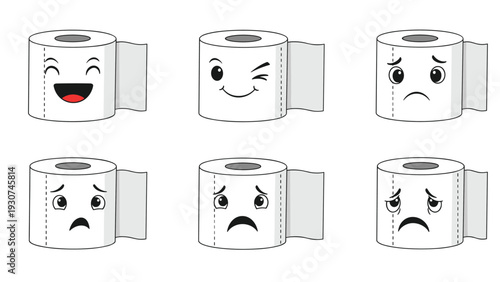 Collection of six white toilet paper rolls features various cartoon facial expressions from happy to very sad.