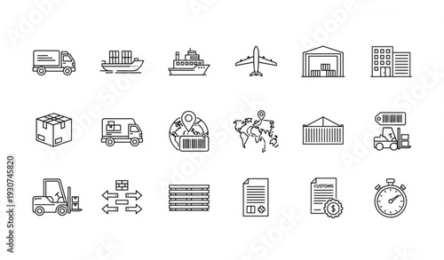 Modern logistics line icons set with shipping delivery freight and supply chain editable vector collection