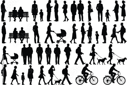 Human silhouettes in everyday urban activities walking talking sitting benches pushing strollers walking dogs riding bicycles social interaction illustration flat vector