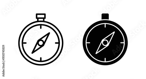 Compass icon indicating direction, navigation, and guidance. Presented in both outline and solid fill styles.